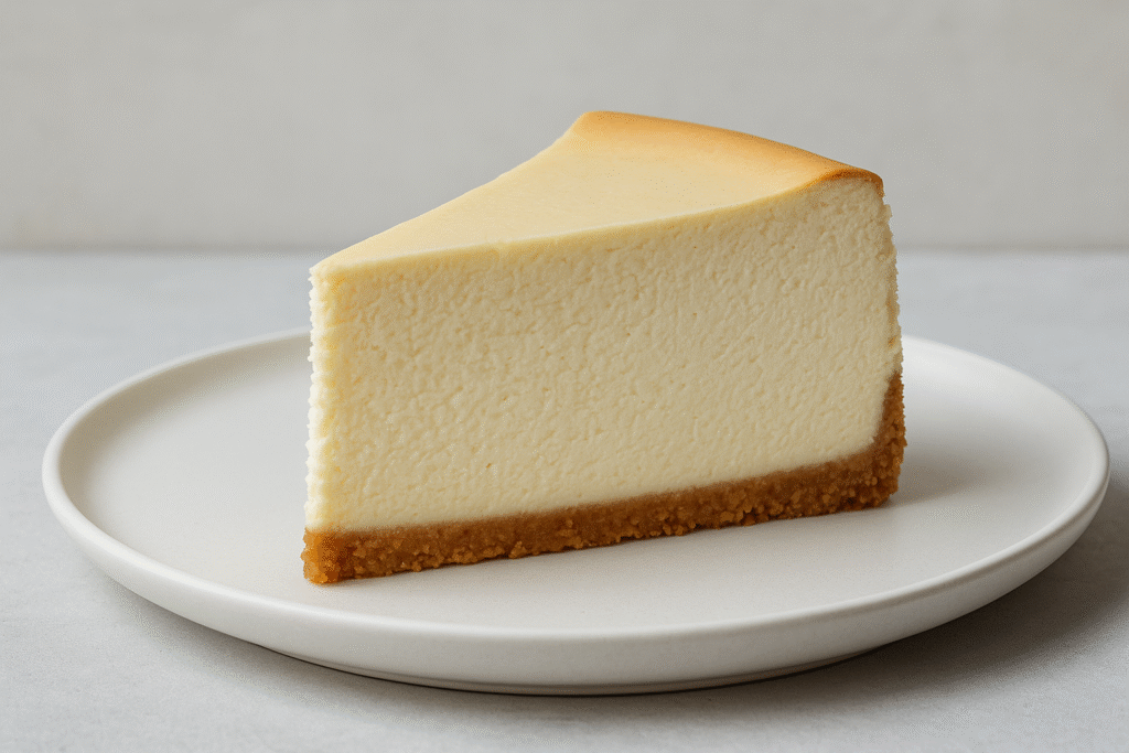 A slice of classic New York-style cheesecake with a golden crust, no toppings