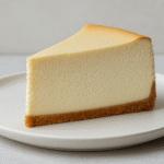 A slice of classic New York-style cheesecake with a golden crust, no toppings